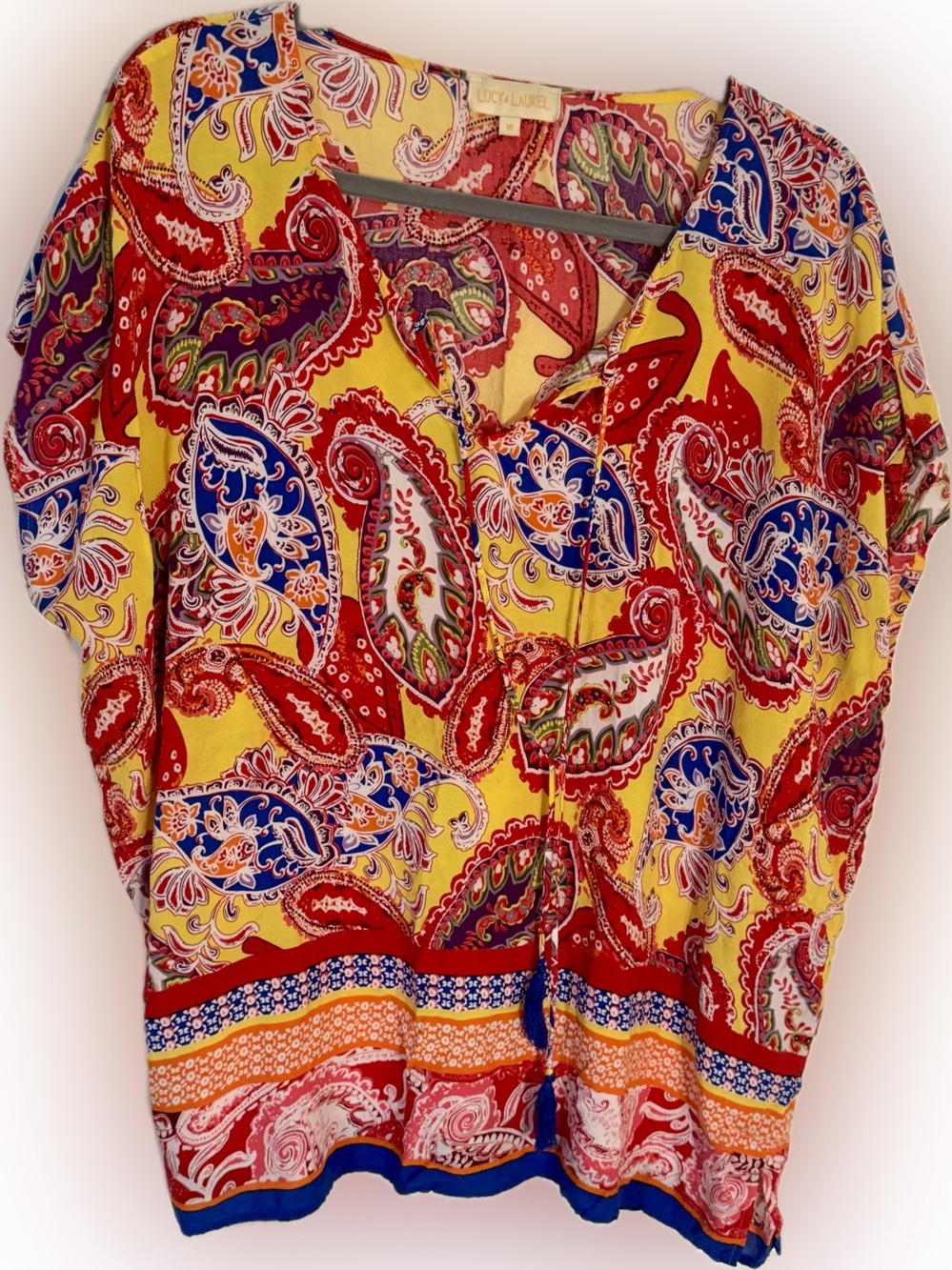 Lucy & Laurel Paisley Boho Top | Plus Size 1X | Tassel Tie | 100% Rayon